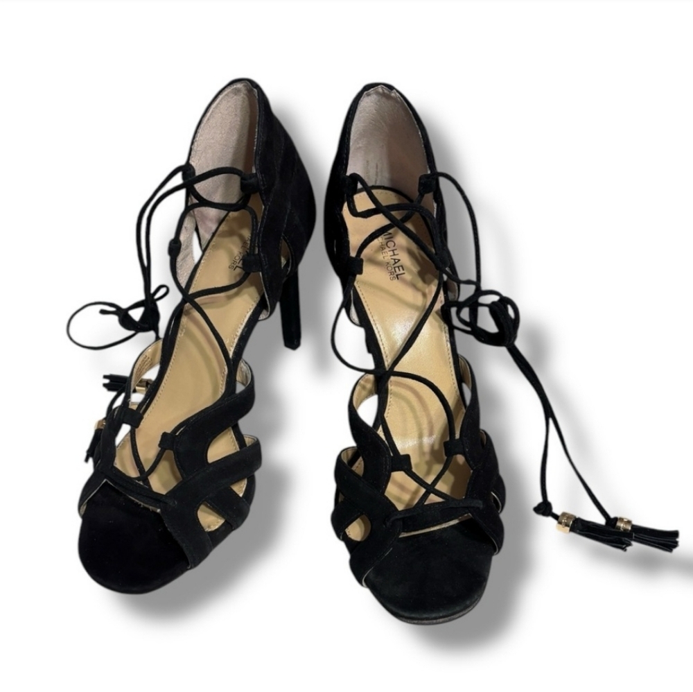 MICHAEL MICHAEL KORS Mirabel Black Suede Leather Strap Lace Up Heeled Sa…